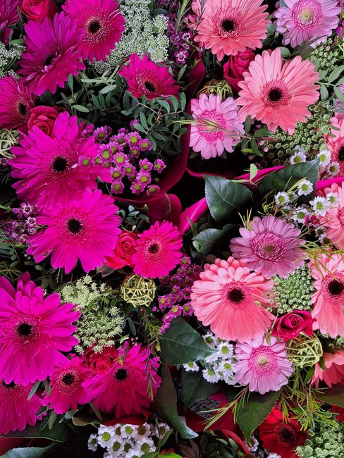A vibrant floral arrangement featuring a variety of fresh pink and fuchsia gerbera daisies, complemented by small clusters of white and purple filler flowers and green foliage. The flowers are arrange
